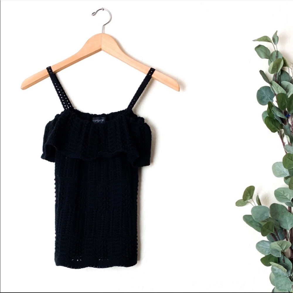 Topshop Open Knit Ruffle Neck Black